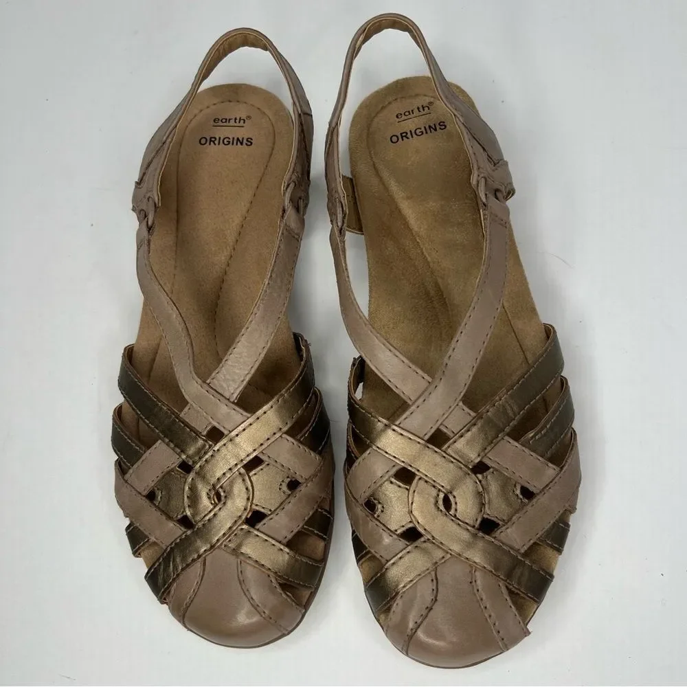 NWOT! Earth Origins Berri Woven Casual Round Slip-On Tan Leather Sandals Sz 9N
